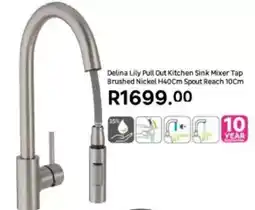 Leroy Merlin Delinia lily pull out kitchen sink mixer tap brushed nickel h40cm spout reach 10cm offer