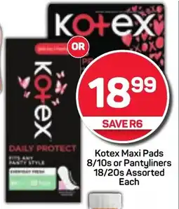 Pick n Pay Kotex Maxi Pads 8/10s or Pantyliners 18/20s Assorted Each offer