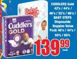 Boxer CUDDLERS Gold 42's/44's/ 46's/52's/66's/ BABY STEPS Disposable Nappies Value Pack 40's/44's/50's/60's offer