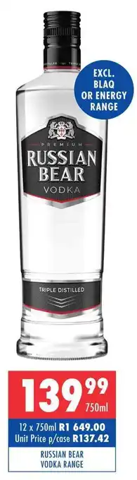 Ultra Liquors RUSSIAN BEAR VODKA RANGE offer