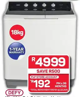 Pick n Pay Hypermarket DEFY 18kg White Twin Tub Washing Machine offer