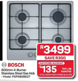 Pick n Pay Hypermarket BOSCH 600mm 4-Burner Stainless Steel Gas Hob offer