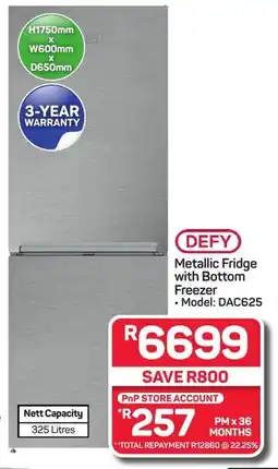 Pick n Pay Hypermarket DEFY Metallic Fridge with Bottom Freezer offer