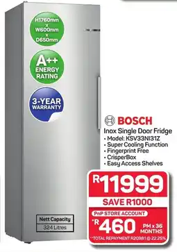Pick n Pay Hypermarket BOSCH Inox Single Door Fridge offer