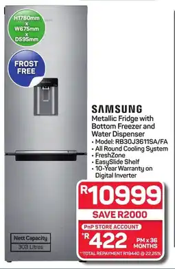 Pick n Pay Hypermarket SAMSUNG Metallic Fridge with Bottom Freezer and Water Dispenser offer
