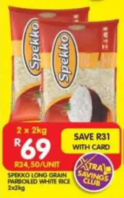 Shoprite SPEKKO LONG GRAIN PARBOILED WHITE RICE 2x2kg offer