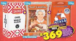 Shoprite SASKO CAKE WHEAT FLOUR 10kg+AUNT CAROLINE LONG GRAIN PARBOILED RICE 10kg +NYALA/IWISA SUPER MAIZE MEAL 10kg offer