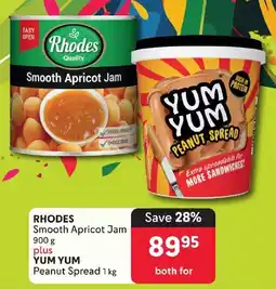Makro RHODES Smooth Apricot Jam 900g plus YUM YUM Peanut Spread 1kg offer