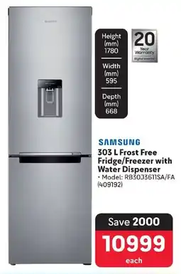 Makro SAMSUNG 303 L Frost Free Fridge/Freezer with Water Dispenser offer