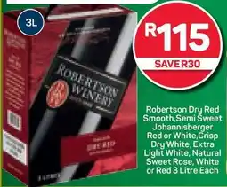 Pick n Pay Robertson Dry Red Smooth,Semi Sweet Johannisberger Red or White,Crisp Dry White, Extra Light White, Natural Sweet Rose offer