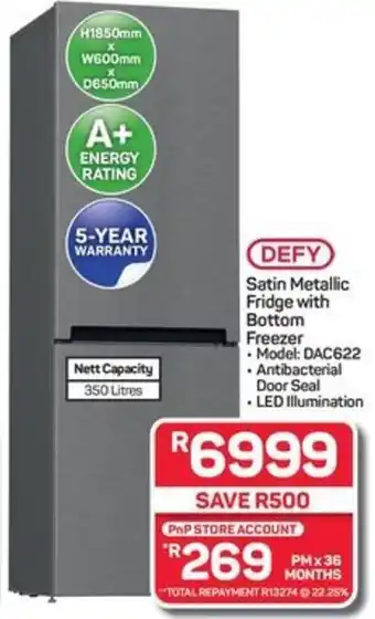 Pick n Pay DEFY Satin Metallic Fridge with Bottom Freezer offer