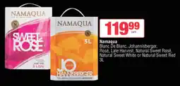 Spar Tops Namaqua Blanc De Blanc, Johannisberger, Rosé, Late Harvest, Natural Sweet Rosé, Natural Sweet White or Natural Sweet Red 3L offer