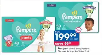 Clicks Pampers Active Baby Pants or Disposable Nappies Value Pack offer