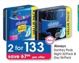 Clicks Always Sanitary Pads Night 32-Pack & Day 36-Pack offer