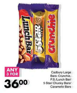 Save Hyper Cadbury Large Bars: Crunchie, P.S./Lunch Bar/ 5 Star/ Chunky Bars/ Caramello Bars offer