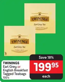 TWININGS Earl Grey or English Breakfast Tagged Teabags 100's