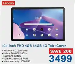 Incredible Connection Lenovo 10.1-inch FHD 4GB 64GB 4G Tab+Cover offer