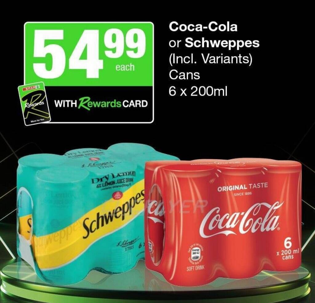 Coca-Cola or Schweppes (Incl. Variants) Cans 6x200ml offer at Spar Tops