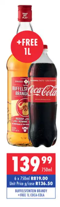 Ultra Liquors Buffelfontein Brandy + Free 1L Coca-Cola 750ml offer