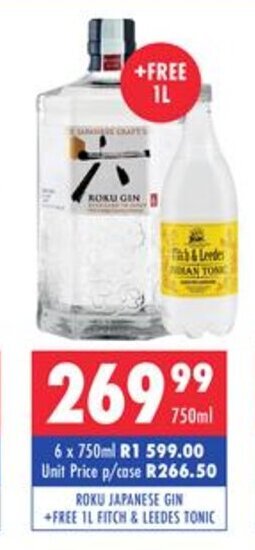 Ultra Liquors Roku Japanese Gin 750ml + Free 1L Fitch & Leedes Tonic offer