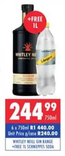Ultra Liquors Whitley Neill Gin Range 750ml + Free 1L Schweppes Soda offer