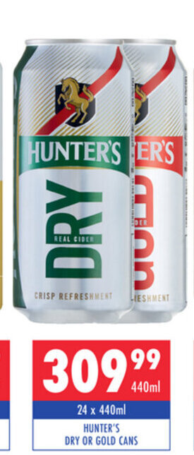 Ultra Liquors Hunter's Dry or Gold Cans 24 x 440ml offer
