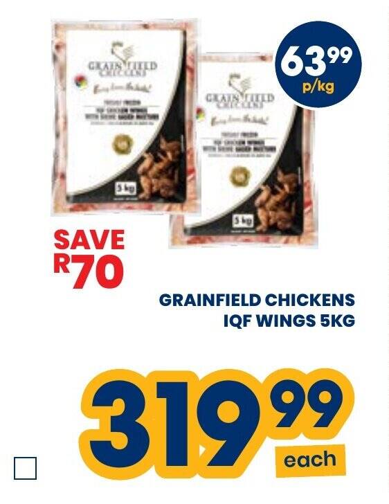 Grainfield Chickens IQF Wings 5 kg offer at Econo Foods