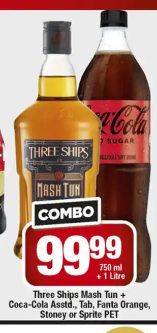 OK Liquor Three Ships Mash Tun + Coca-Cola , Tab, Fanta Orange Stoney or Sprite PET offer