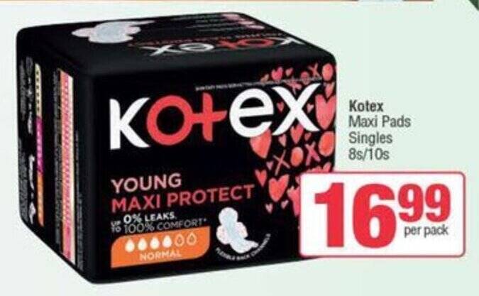 Kotex Maxi Pads Singles 8s and 10s offer at Spar