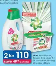 Clicks Ariel Auto Washing Powder 2kg, Liquid 1.1 Or 1.5L Or Washing Capsules 14 Pack-For 2 Per Offer offer