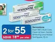 Clicks Sensodyne Fresh Mint, Multi Care, Clean & Fresh, Gentle Whitening & Herbal Toothpaste-For 2x75g offer