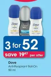 Clicks Dove Anti Perspirant Roll On-For 3 x 50ml offer