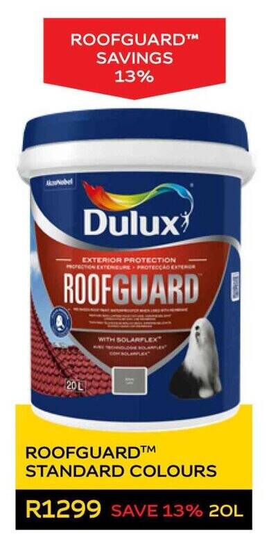 Dulux roofguard standard colours 20 L offer at Builders Warehouse