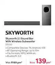 Teljoy Skyworth 2.1 Sound Bar With Wireless Subwoofer SS330 offer