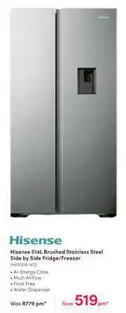 Teljoy Hisense 514L Brushed Stainless Steel Side By Side Fridge/Freezer H670SIA-WD offer