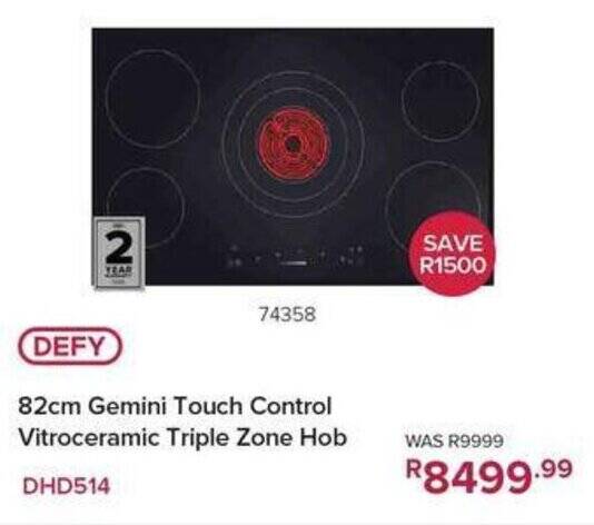 DEFY 82cm Gemini Touch Control Vitroceramic Triple Zone Hob offer at ...