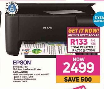 Game Epson - Eco Tank 3-in-1 Multifunction Colour Printer offer
