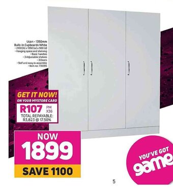 Game Ucan - 1350mm Built-in Cupboards White offer