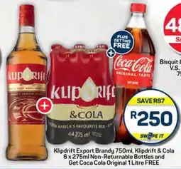 Pick n Pay Liquor Klipdrift Export Brandy, Klipdrift & Cola Non-Returnable Bottles and Get Coca Cola Original FREE offer