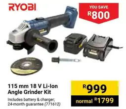 Builders Warehouse RYOBI 115 mm 18 V Li-Ion Angle Grinder Kit offer