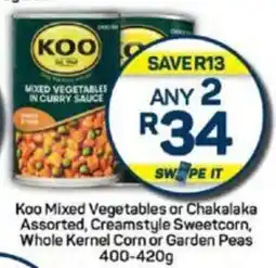 Pick n Pay Koo Mixed Vegetables or Chakalaka Assorted, Creamstyle Sweetcorn, Whole Kernel Corn or Garden Peas offer