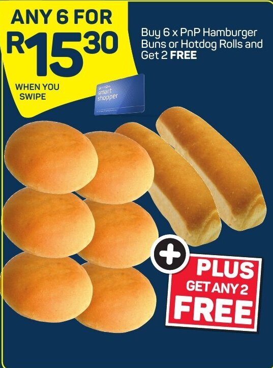 Buy 6x PnP Hamburger Buns or Hotdog Rolls and Get 2 FREE offer at Pick n Pay