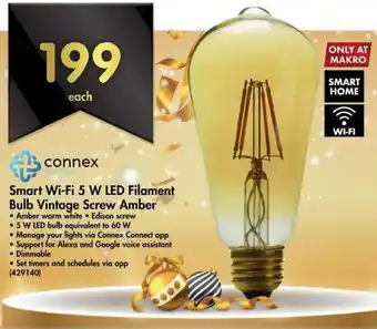 Connex Smart Wi-Fi 5W LED Filament Bulb Vintage Screw Amber 60W