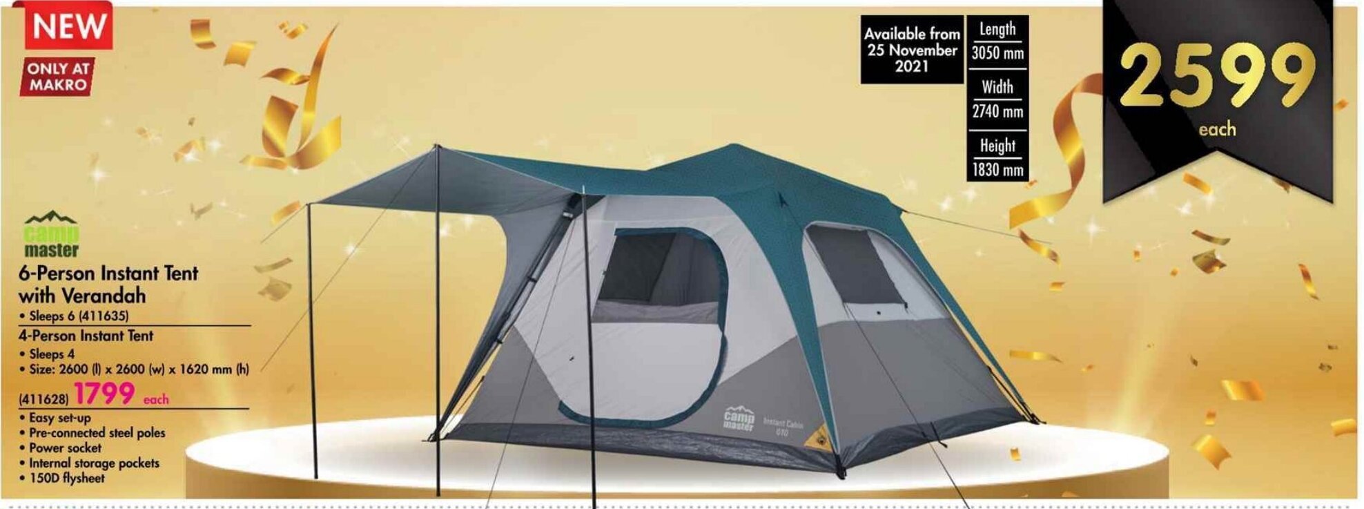 Camp Master 6Person Instant Tent with Verandah offer at Makro