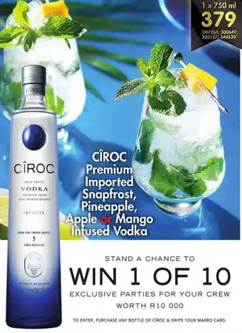 Cîroc Premium Imported Snapfrost, Pineapple, Apple or Mango Infused Vodka 750ml
