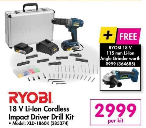 Ryobi 18V LiIon Cordless Impact Driver Drill Kit offer at Makro