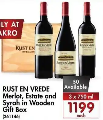 Makro’s liquor Rust En Vrede Merlot, Estate and Syrah in Wooden Gift Box 3 x 750ml offer