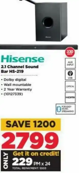 HiFi Corp Hisense 2.1 Channel Soundbar HS-219 offer