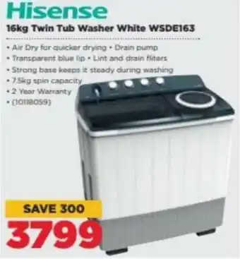 HiFi Corp Hisense Twin Tub Washer White 16kg WSDE163 offer