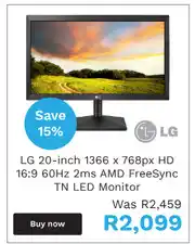 First Shop LG 20-Inch 1366 x 768px HD 16:9 60Hz AND FreeSync TN LED Monitor offer